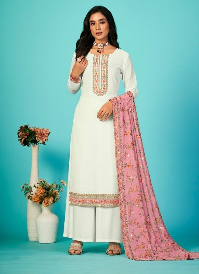 Pure Vichithra Embroidery Suit in White & Pink