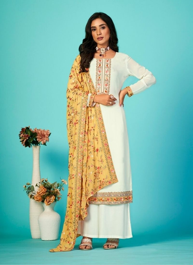Pure Vichithra Embroidery Suit in White & Yellow