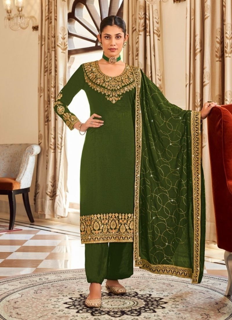 Embroidered Pure Vichithra Suit Set in Green