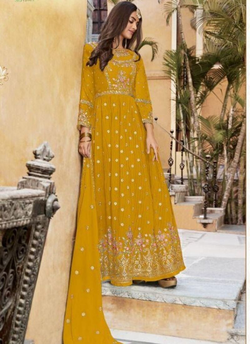 Embroidered Pure Georgette Suit Set in Yellow