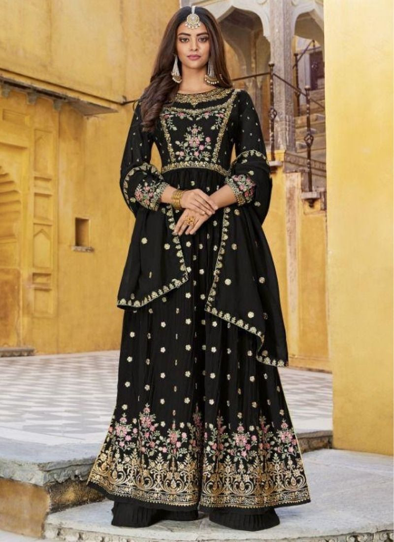 Embroidered Pure Georgette Suit Set in Black