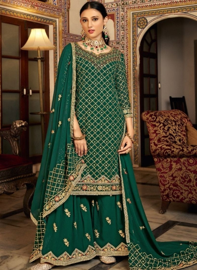 Embroidered Chinon Silk Suit Set in Green