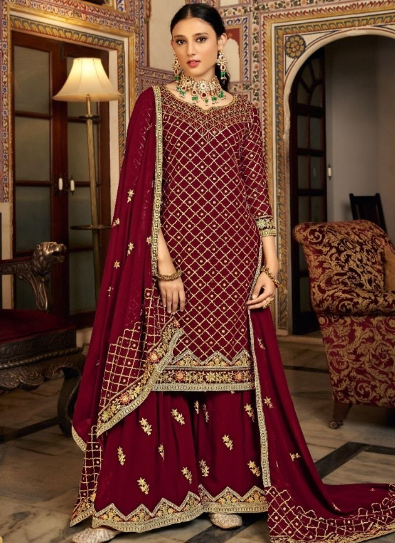 Embroidered Chinon Silk Suit Set in Maroon