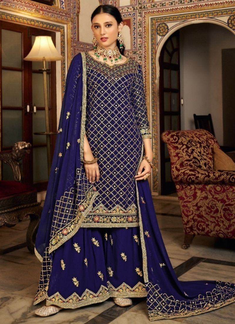 Embroidered Chinon Silk Suit Set in Blue