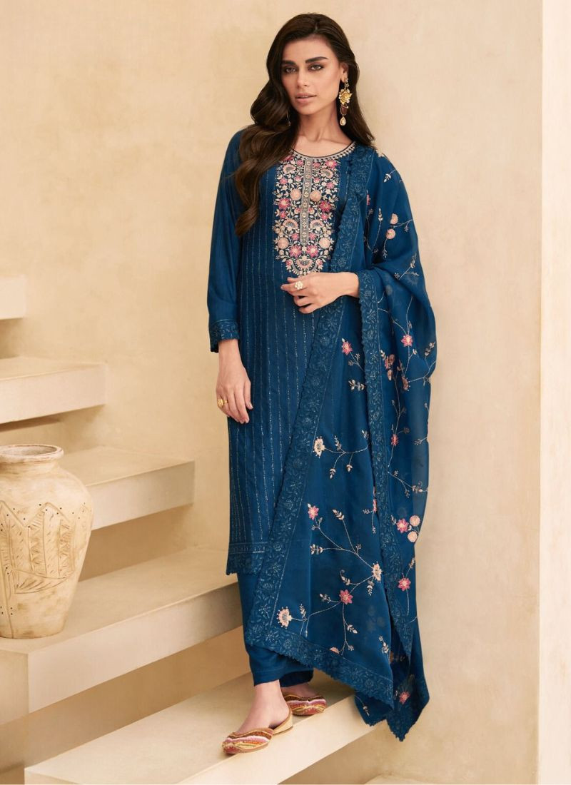 Embroidery Dolla Silk Suit(Unstiched) in Teal Blue