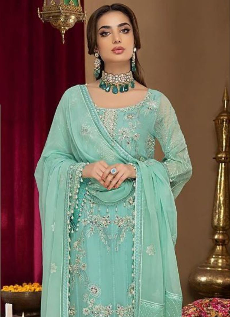 Faux Georgette Embroidery Suit Set in Sky Blue