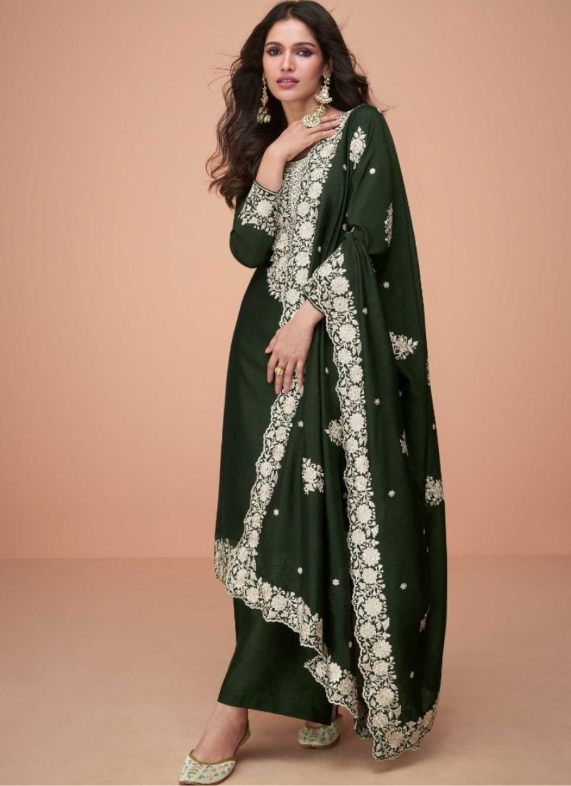 Premium Silk Embroidery Suit Set in Green