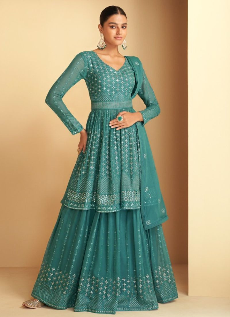 Real Georgette Embroidery Sharara Set in Teal