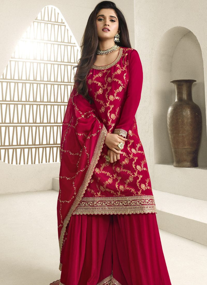 Embroidered Viscose Chinnon Jacquard Sharara Set in Red