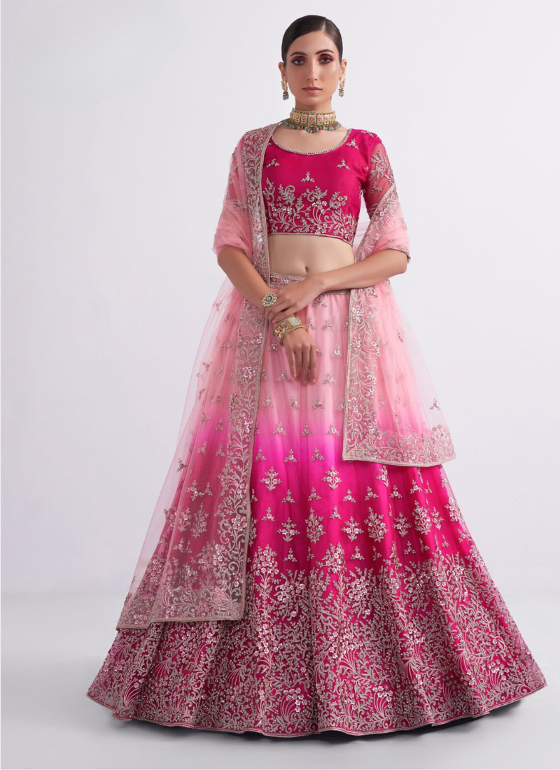 Net Lehenga With Heavy Embroidery In Double Shade