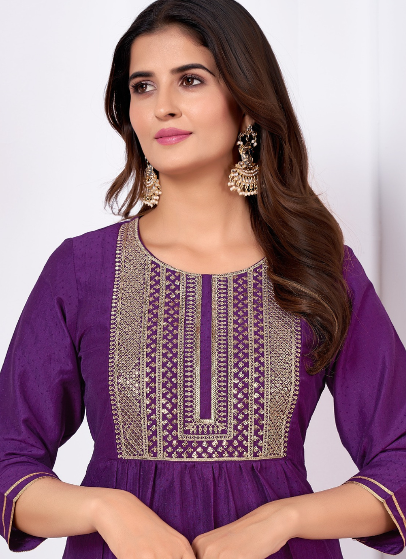 Vertical Silk Heavy sequence embroidery Suit Set In Purple