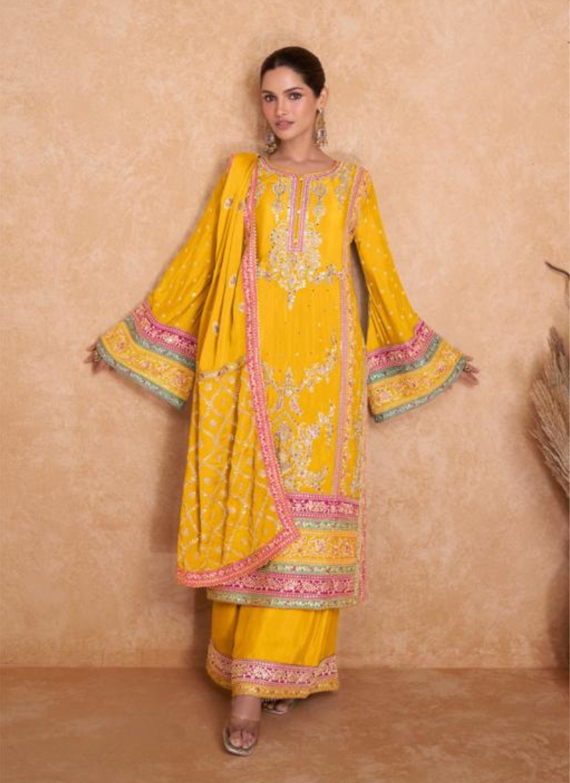 Designer Real Chinon Plazo Suit In Yellow