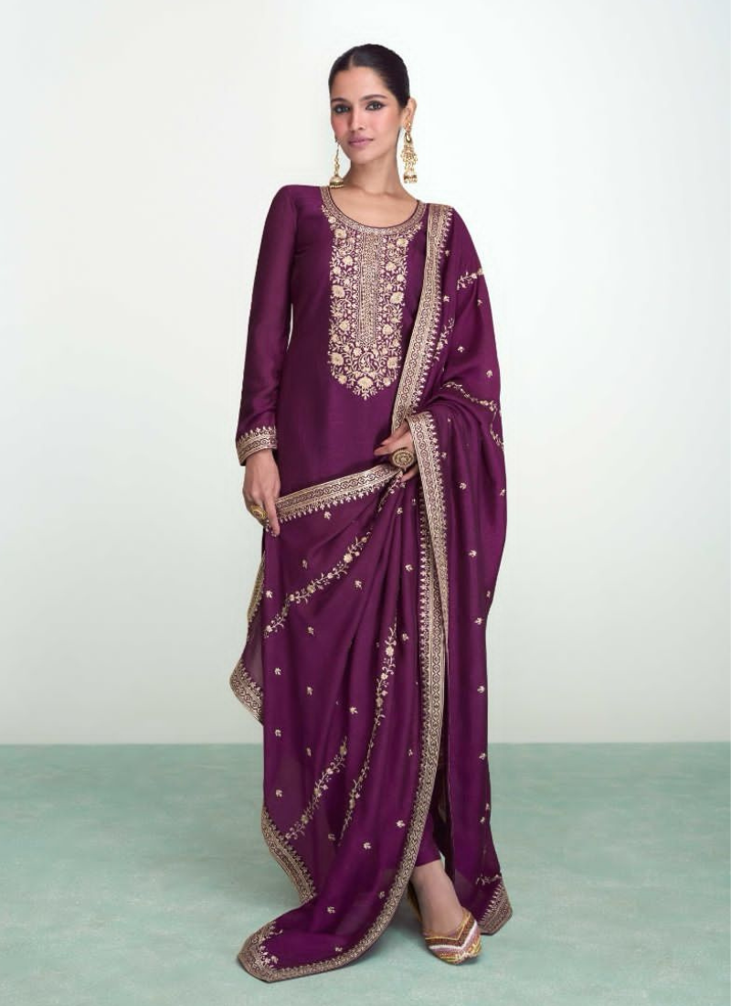 Designer Premium Silk Plazo Suit In Purple