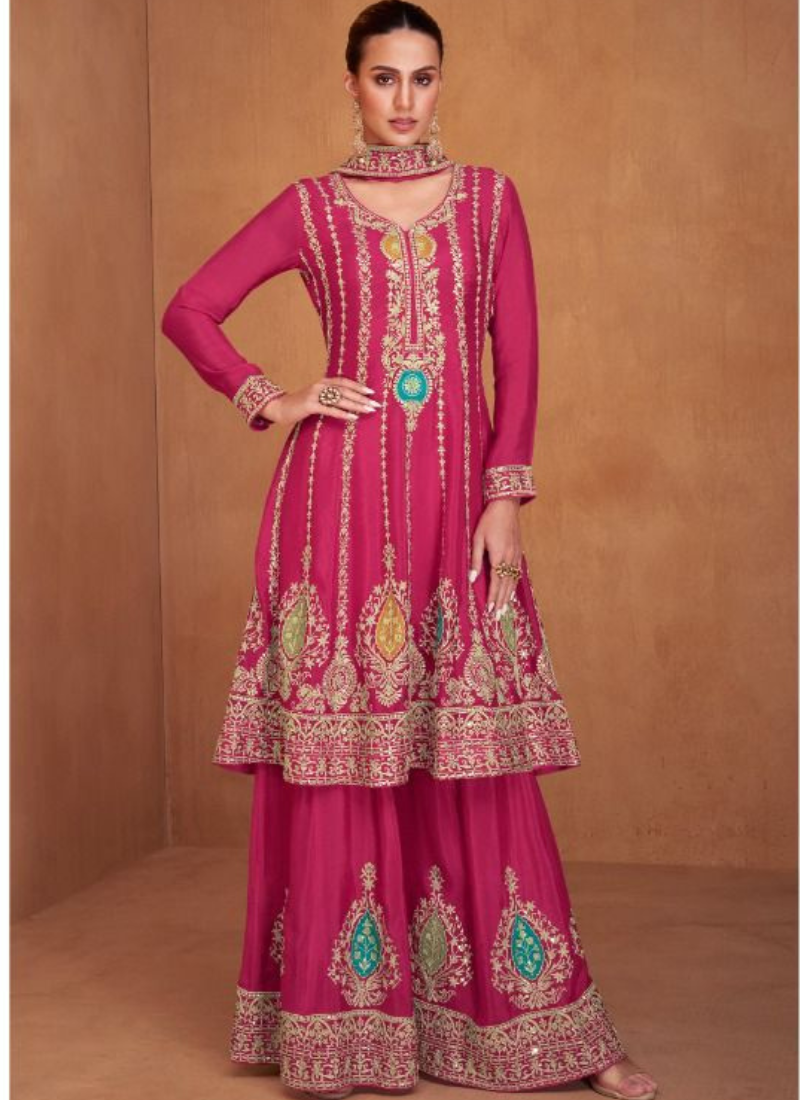 Designer Real Chinon Plazo Suit In Pink