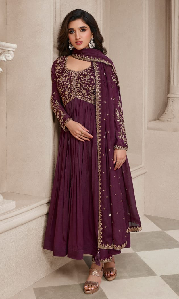 Pure Chinon Anarkali Suit In Purple