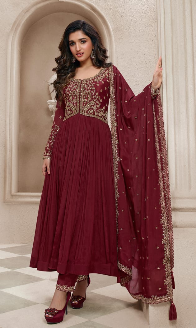 Pure Chinon Anarkali Suit In Red