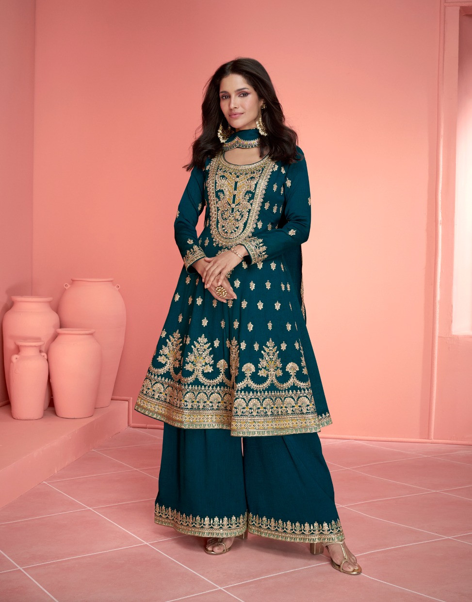 Designer Premium Silk Sharara Set In Teal