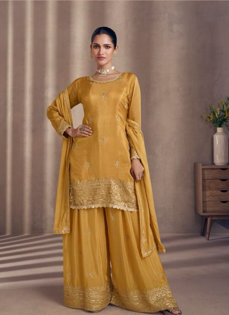 Designer Pure Silk Sharara Set In Yellow