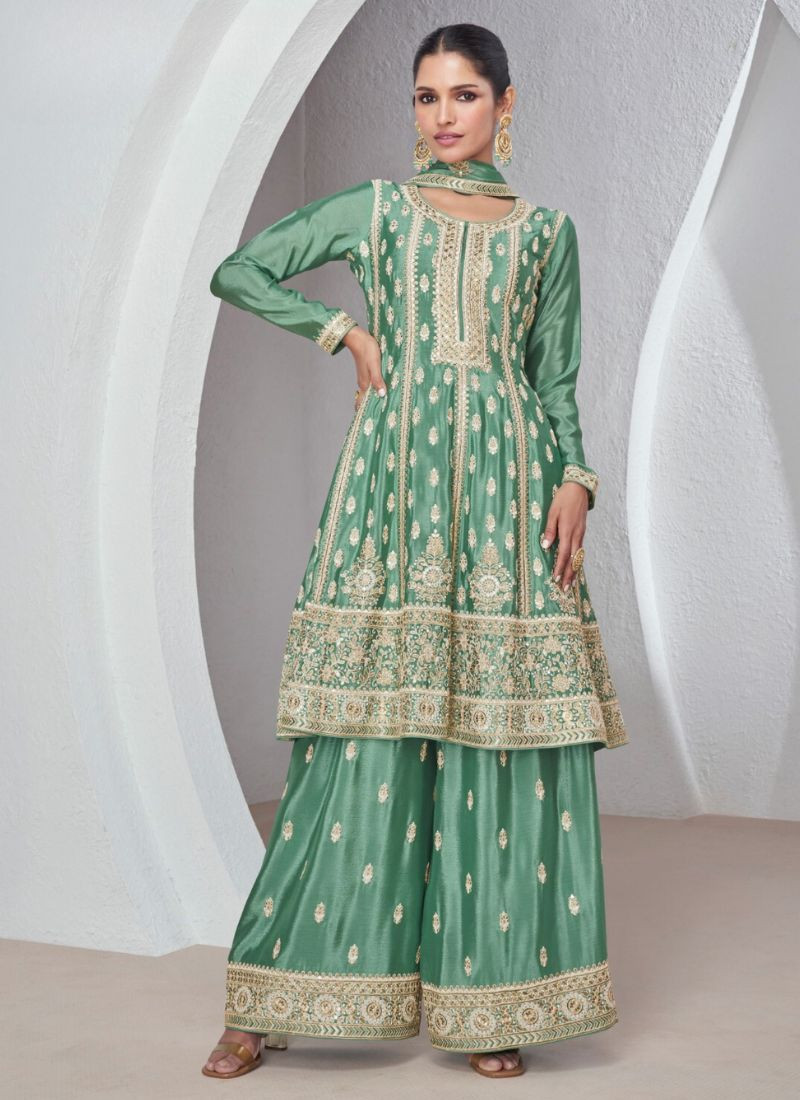 Designer Chinon Silk Sharara Set In Green