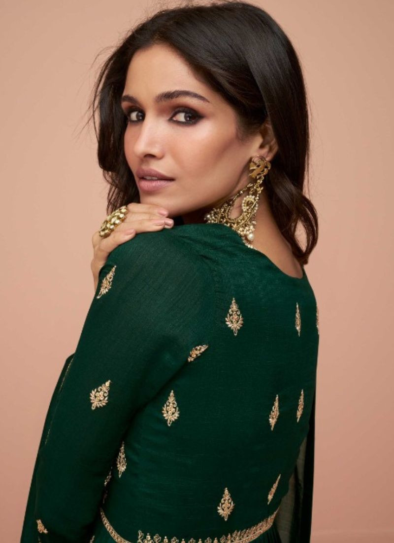 Designer Premium Silk Sharara Set In Dark Green